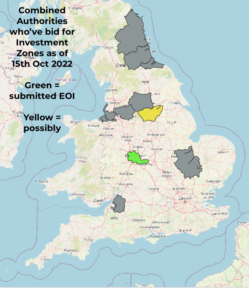 BREAKING: Amidst the political chaos yesterday, at least 18 local authorities have submitted expressions of interest for Investment Zones so far. 2 have rejected IZs outright. Work-in-progress spreadsheet: docs.google.com/spreadsheets/d… Maps below; send me updates!