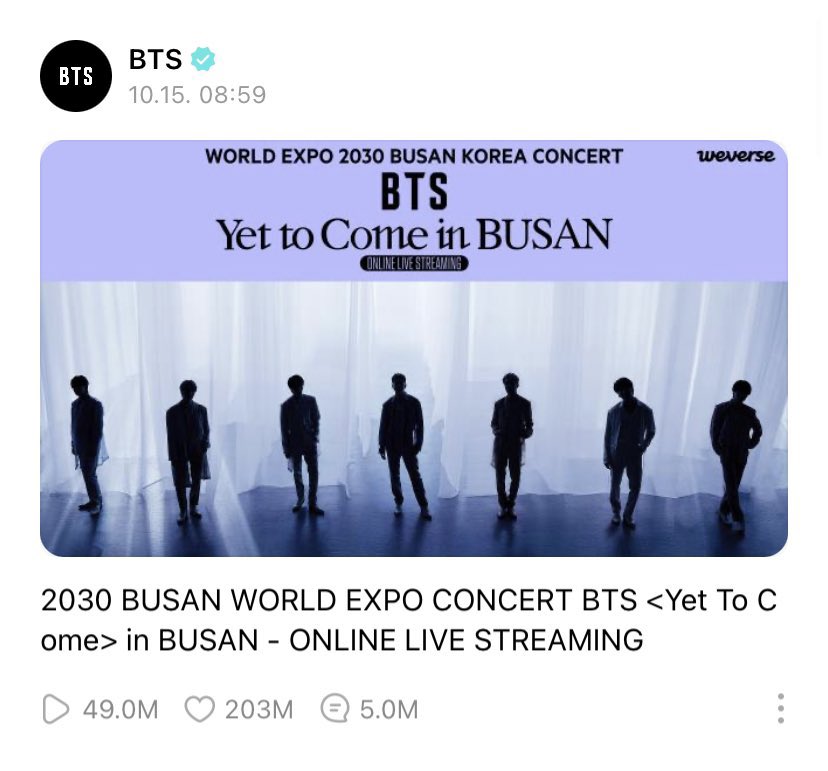 BTSGlobalCharts's tweet photo. The Weverse Live for 'Yet To Come' in BUSAN ended with 49M viewers.  #YetToComeInBUSAN https://t.co/QCkTNZPHBl