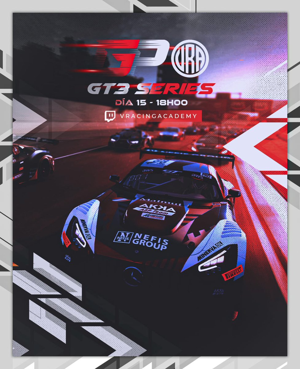 Esta tarde a las 18 horas estaremos en directo por el canal de VRA twitch.tv/vracingacademy para retransmitir la GT3 Series, el primer evento de la academia profesional de simracing Virtual Racing Academy.

Todo comentado por Marc Ros  y Marc Oliveras.
