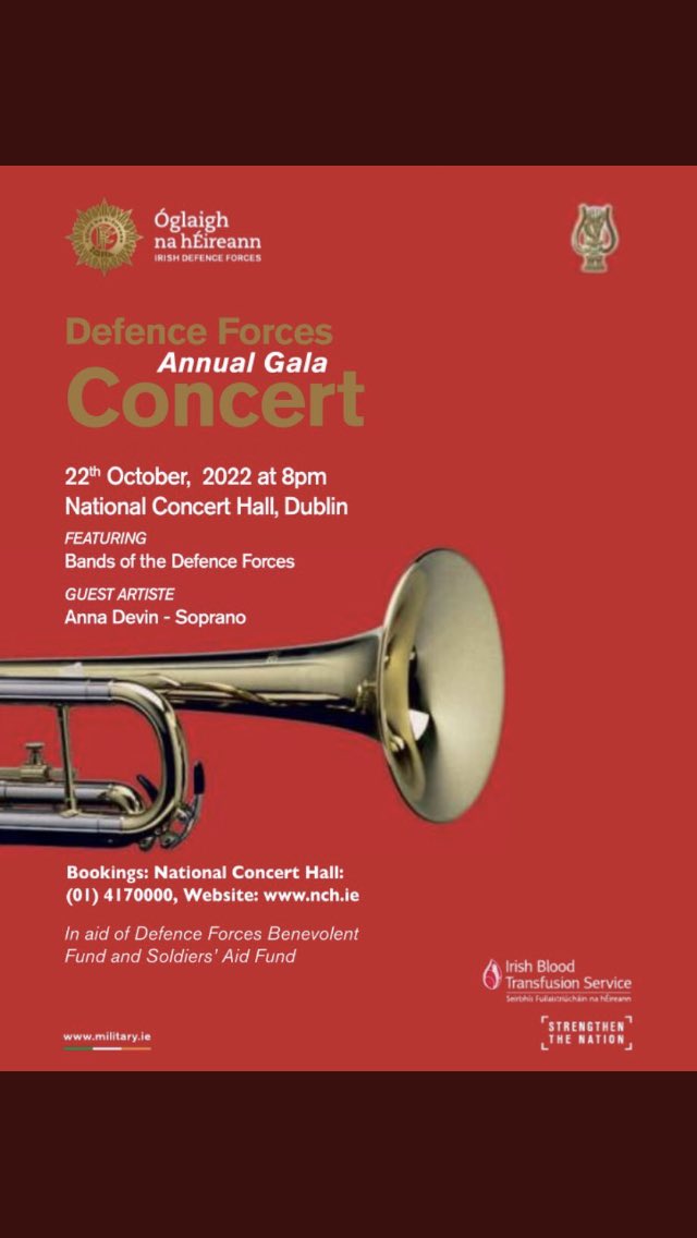 Defence Forces Band Concert next Saturday at National Concert Hall Dublin. Join us @NCH_Music on 22 October for an excellent night of music in aid of @defenceforces Benevolent Fund Soldiers Aid. Thanks to musicians @DFSMIreland For tickets visit nch.ie