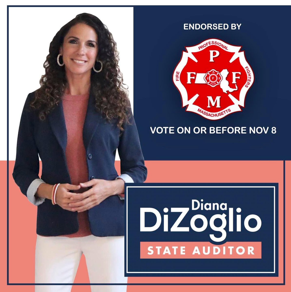 THE_PFFM's tweet photo. @DianaDiZoglio is the clear choice for State Auditor. We are proud to have endorsed her immediately after she announced her intention to run. Join your local firefighters and VOTE for Diana for State Auditor. #mapoli #WeSupportThoseWhoSupportUs https://t.co/E2dhkDBzoI
