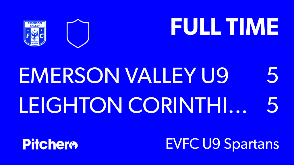 FULL TIME: Emerson Valley U9 Spartans 5 - 5 Leighton Corinthian Juniors U9 Tigers
#EMELEI #Pitchero
emersonvalleyfc.org/teams/263702/m…