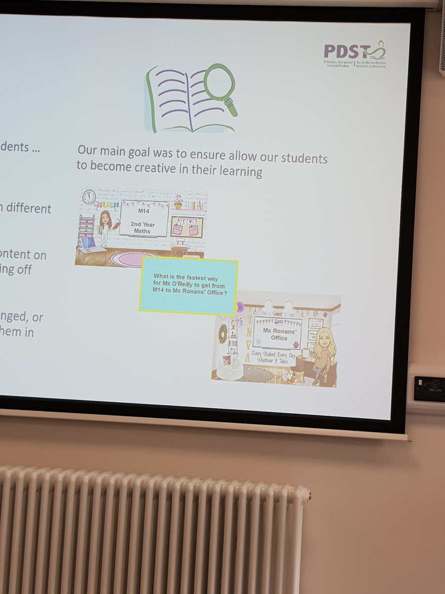 gill__7's tweet photo. @ms_oreillyn presenting at #mathsMeet22. So proud of my past pupil, colleague and friend presenting on @ProjectMaths_ie Lesson Study, she and Ms Gregg in our @Colaistebride Maths Dpt participated in. Building a slide to the principals office - students derive the distance formula https://t.co/K0Uun6yj1V