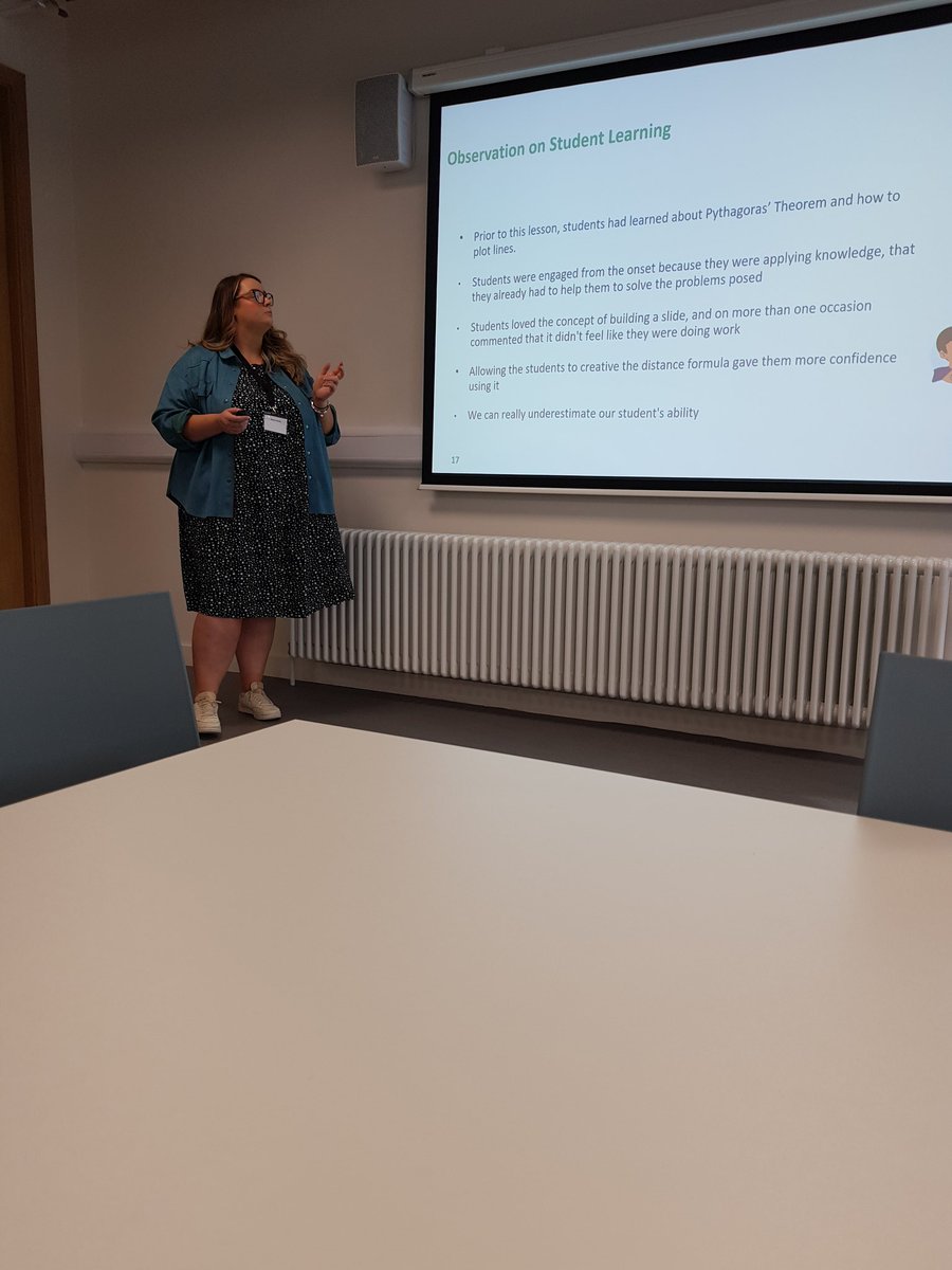 gill__7's tweet photo. @ms_oreillyn presenting at #mathsMeet22. So proud of my past pupil, colleague and friend presenting on @ProjectMaths_ie Lesson Study, she and Ms Gregg in our @Colaistebride Maths Dpt participated in. Building a slide to the principals office - students derive the distance formula https://t.co/K0Uun6yj1V