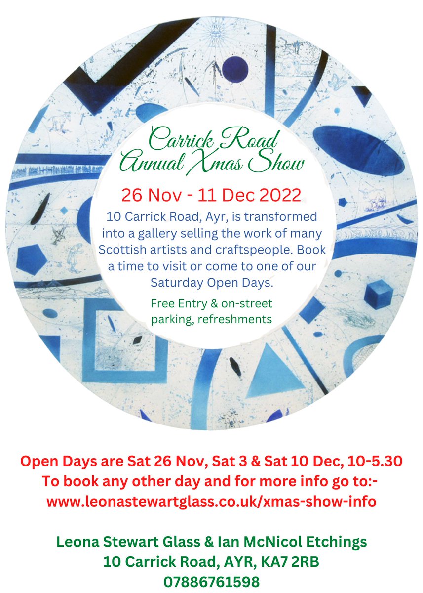 Our Annual Christmas Show will be a belter with paintings, etchings, screenprints, woodcuts, fused glass, Greengrove Weavers textiles, Richie Cameron ceramics, handmade felt decorations, a range of gorgeous jewellery, Xmas lights, candles #christmasgifts #xmasgifts #ayrshire