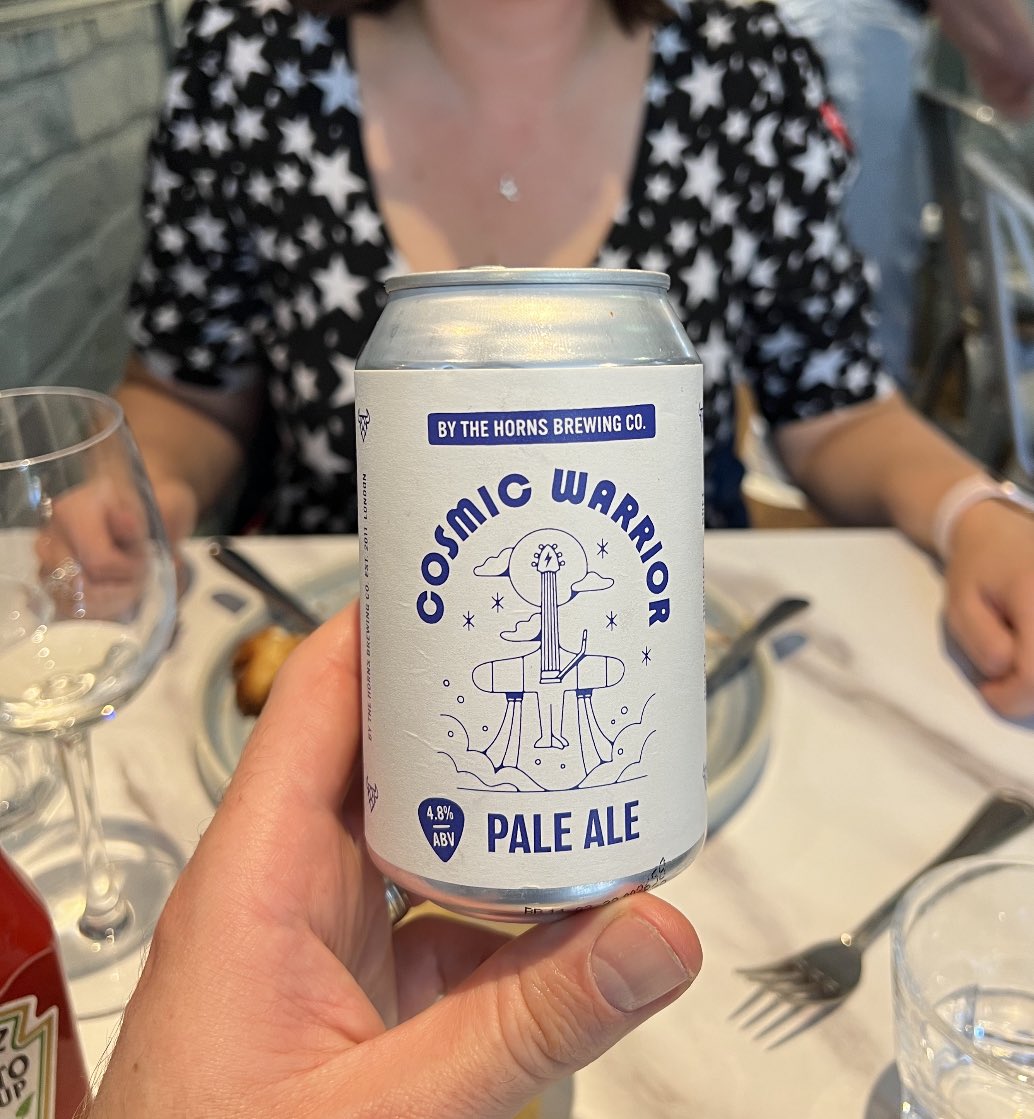 Lovely can of Cosmic Warrior  <a href="/ByTheHornsBrew/">By The Horns Brewing Co.</a> 

Thought it went well with the wife’s top! 😂 

<a href="/Cullenders/">Cullenders</a> for lunch - lovely food.