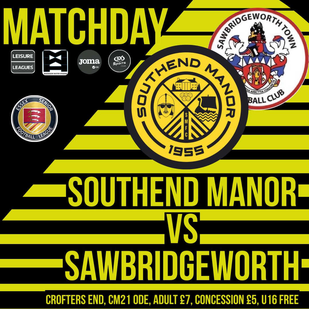 SouthendManorFC's tweet image. ⚫️🟡MATCHDAY🟡⚫️

1st team are back in the @EssexSenior League this Saturday looking to kick start the season as they take on @SawboTownFC 

🗓 15/10/22
⏱ 15:00
🏟 Crofters End, CM21 0DE
🏆 Essex Senior Lesgue
🆚 Sawbridgeworth Town
#️⃣ #ourmanor 💛
Live updates #sawman from 3pm