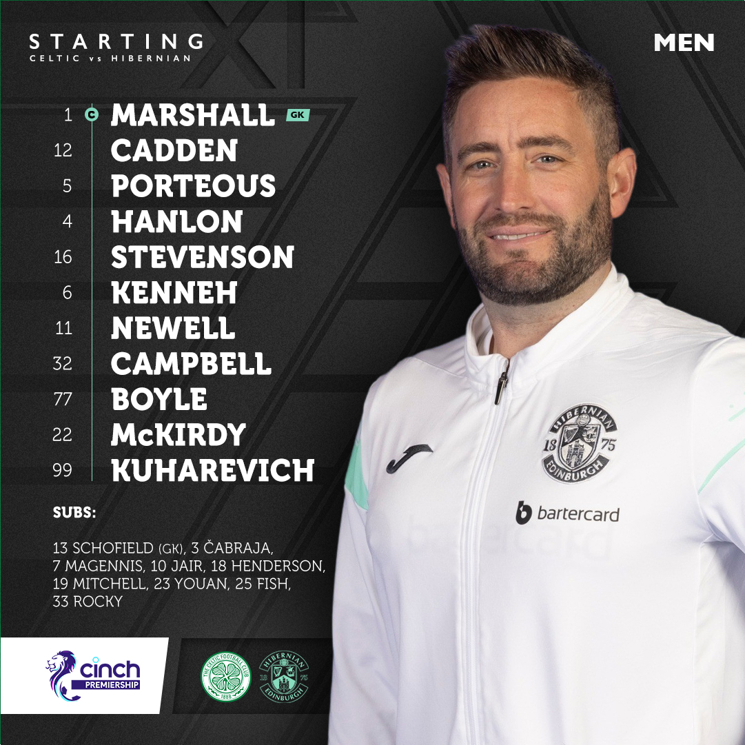 HibernianFC's tweet photo. 𝗛𝗶𝗯𝘀 𝘁𝗲𝗮𝗺 𝗻𝗲𝘄𝘀 ⚠️

Here's Lee Johnson's side to face Celtic in Glasgow this afternoon! ⚫️

#cinchPrem https://t.co/n3rrPtnX4S