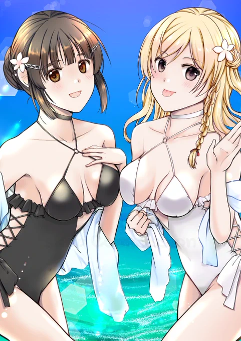 skebで狭霧水着の妙高さんとザラ姉様を描かせて頂きました夏のビーチで華やかな重巡長女ズです。ありがとうございました 