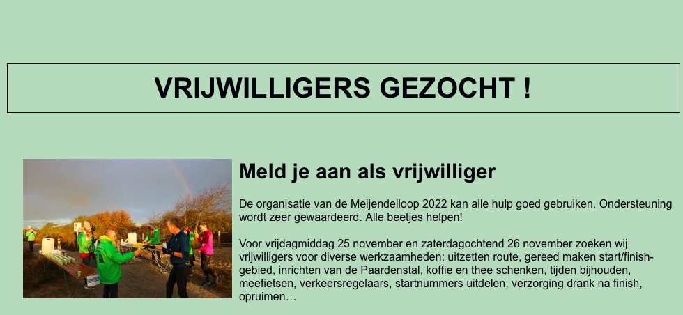 Meijendelloop1's tweet photo. De inschrijving voor de 12e editie van de Meijendelloop ging vorige week als een speer! Succes met de voorbereiding. 

Voor vrijdag 25 en zaterdag 26 november zijn we nog op zoek naar vrijwilligers. 

Wil je je graag inzetten? Ga dan naar https://t.co/4kGeuBLt5Y https://t.co/Bs3gU6wxkG