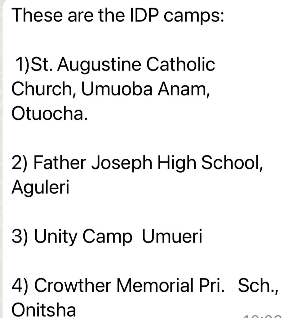 gechife's tweet photo. These are the camps in or near Anam, W.Anambra. If you can, pls drop off donations directly to them. They need sleeping mats, blankets, food (rice, beans,noodles, canned foods, gently used clothing) pls post IDP camps for flood victims in your area under this thread. https://t.co/WqyIY0L3y9