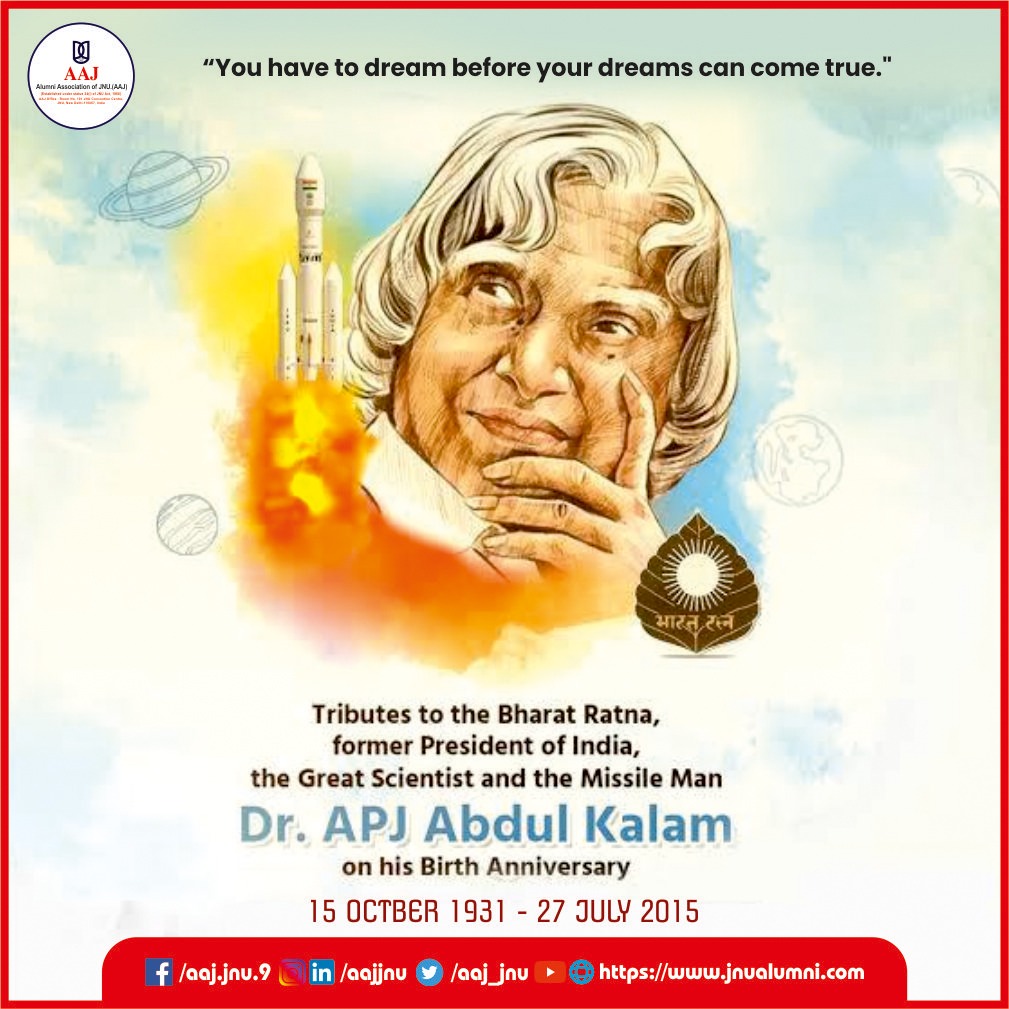 aaj_jnu's tweet photo. “Dream is not that which you see while sleeping, it is something that does not let you sleep”

Remembering Missile Man Of India &amp; People's President Dr #APJAbdulKalam on his birth anniversary.

His life story tells the power📖 of dreams.
#APJAbdulKalamBirthAnniversary https://t.co/sUXLxXfjpd