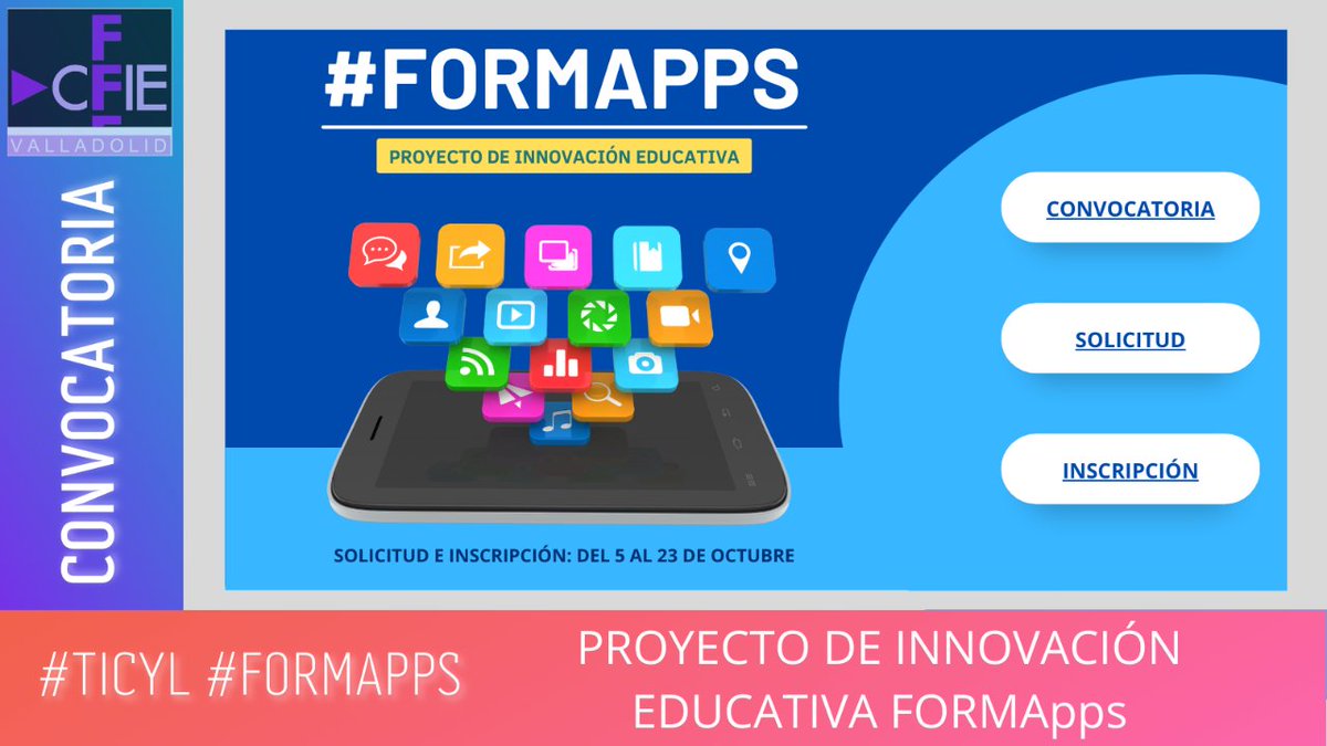 cfievalladolid's tweet photo. ❗Atención❗ 🔈Convocatoria #PIE #Formapps
Aprende a integrar #dispositivosmóviles 📱en #metodologíasactivas y mejora los resultados 📈 de tus alumnos.
📆 Inscripciones del 5 al 23 de octubre.
Toda la información ➡ https://t.co/bu9JBiVn9T
@educacyl @crfptic #tiCyL https://t.co/hx8tduRl3f