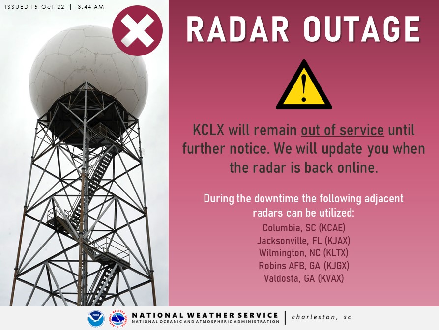 The Charleston Radar (KCLX) is down due to an equipment problem. We are