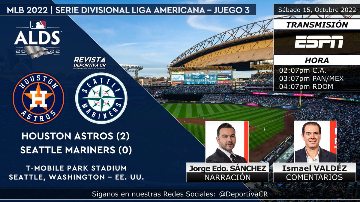 DeportivaCR's tweet photo. 🏆 @MLB 2022 | Serie Divisional - #ALDS - Juego 03
🇺🇸 @astros en @Mariners 
🎙️ @JESanchez_ESPN @valdezrocket 
⏰02:07pm C.A. 03:07pm MEX por @ESPNmx 
💻📱 @StarPlusLA (C.A.🇲🇽)
🇨🇷 #MLB #MLBxESPN #HOUvsSEA #Postseason2022 #DeportivaCR https://t.co/yH6uN2ZB0E