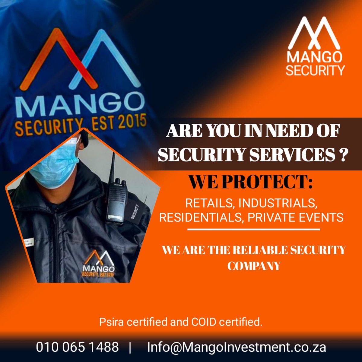 Zondeka's tweet photo. ⚫️Mango Security 

-Enforcing laws, rules and company policies
-Controlling access to buildings and protecting employees, guests and the public.
-Patrolling areas and performing security checks.

https://t.co/30UTbv4BMn

Psira 3200064 /T1663 CK:2015/405251/07 https://t.co/mQq9RGZq4o
