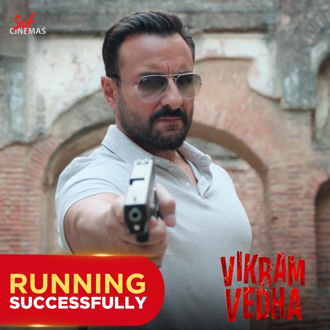 svf_cinemas's tweet photo. Blockbuster third week in #SVFCinemas! Book your tickets now: https://t.co/wvErXOdWFA
#VikramVedha #HrithikRoshan #RadhikaApte #SaifAliKhan #GayatriPushkar #PujowithSVF https://t.co/tkuX2067Ow