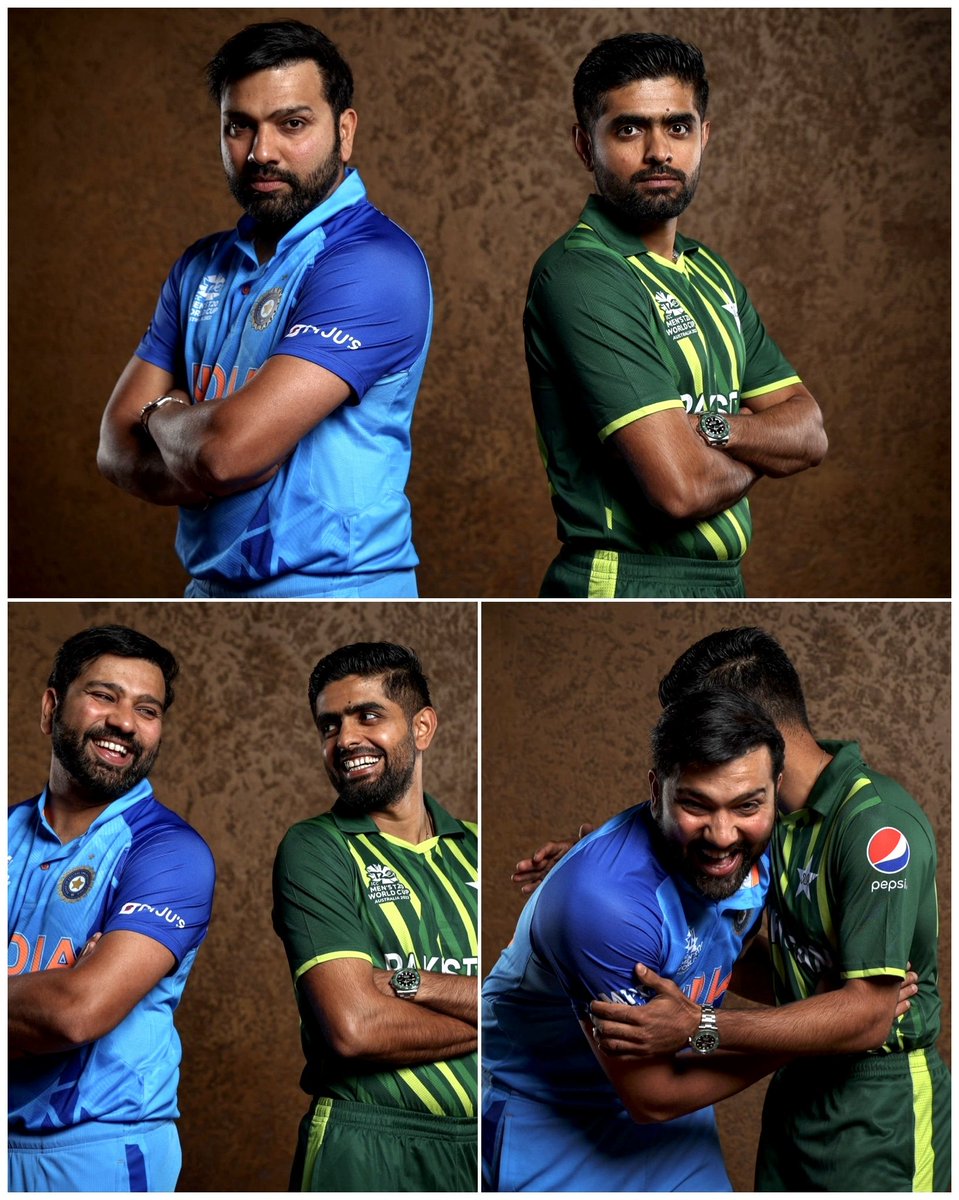 Photoshoot goes like 🤨 ➡️ 🤣

📸: ICC | <a href="/ImRo45/">Rohit Sharma</a> <a href="/babarazam258/">Babar Azam</a> #INDvPAK #T20WorldCup