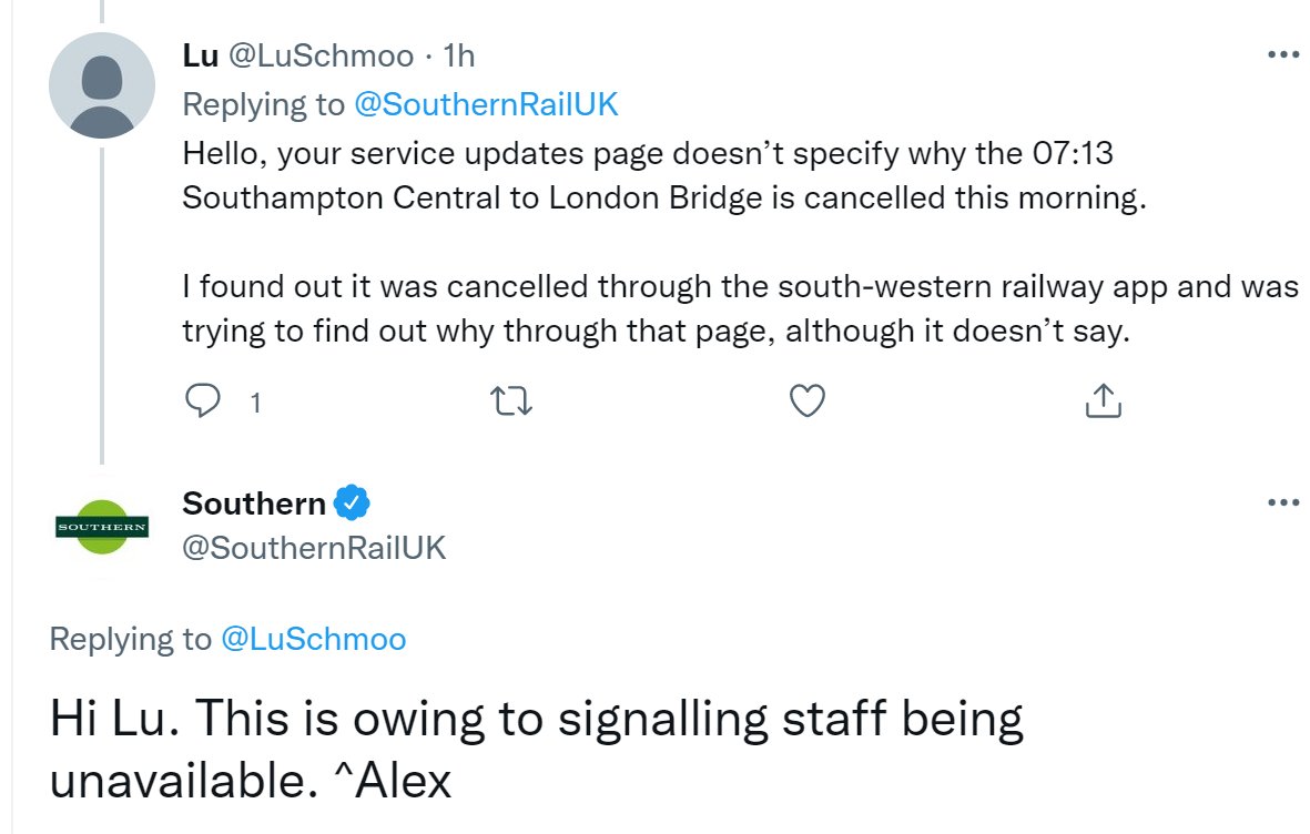 A straight lie from the hapless ^Alex: the 0713 was cancelled because the OBS duty wasn't covered. #bullshit