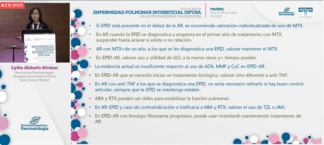 SEReumatologia's tweet photo. #EPID22 Unas muy buenas conclusiones de la dra. Abásolo sobre el tratamiento de la EPID en artritis reumatoide #AR 👇 https://t.co/NgjSLcDC8B