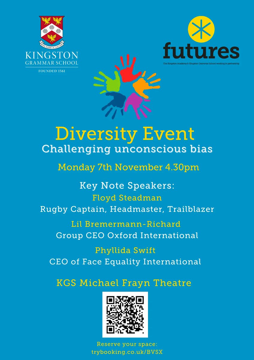 KGS1561's tweet photo. Diversity is not just about gender or race, it's about a change in mindsets and culture.
Join us on Monday 7th November for our #DiversityEvent.
Read more here & reserve your space today๐https://t.co/nQVvKQZfS8 @TheKingstonAca @KGS_Outreach #ThisIsKGS @KGSheadmaster https://t.co/TlSwIfcl9K