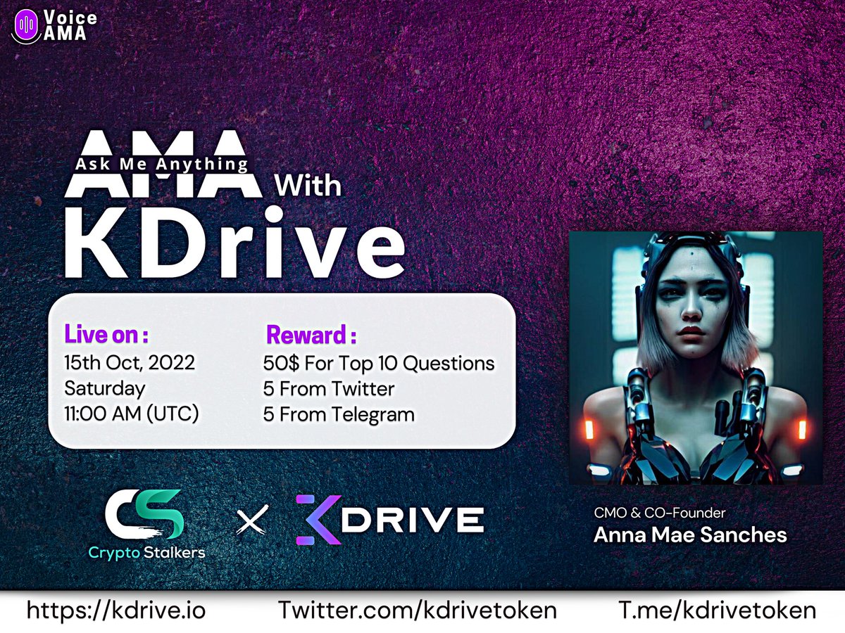 Zain_Onchain's tweet photo. 📢 We're thrilled to announce our next #VoiceAMA with @kdrivetoken on 15th Oct 11:00 AM UTC

💰 Reward :50$
📍 Venue: https://t.co/4koyOUEBfD
〽️ Rules:
✅ Follow @StalkersCrypto &amp; @kdrivetoken 
✅LK &amp; RT
✅Comment Questions &amp; Tag 3 Friends with BEP20 address https://t.co/NfG9Mm4iam
