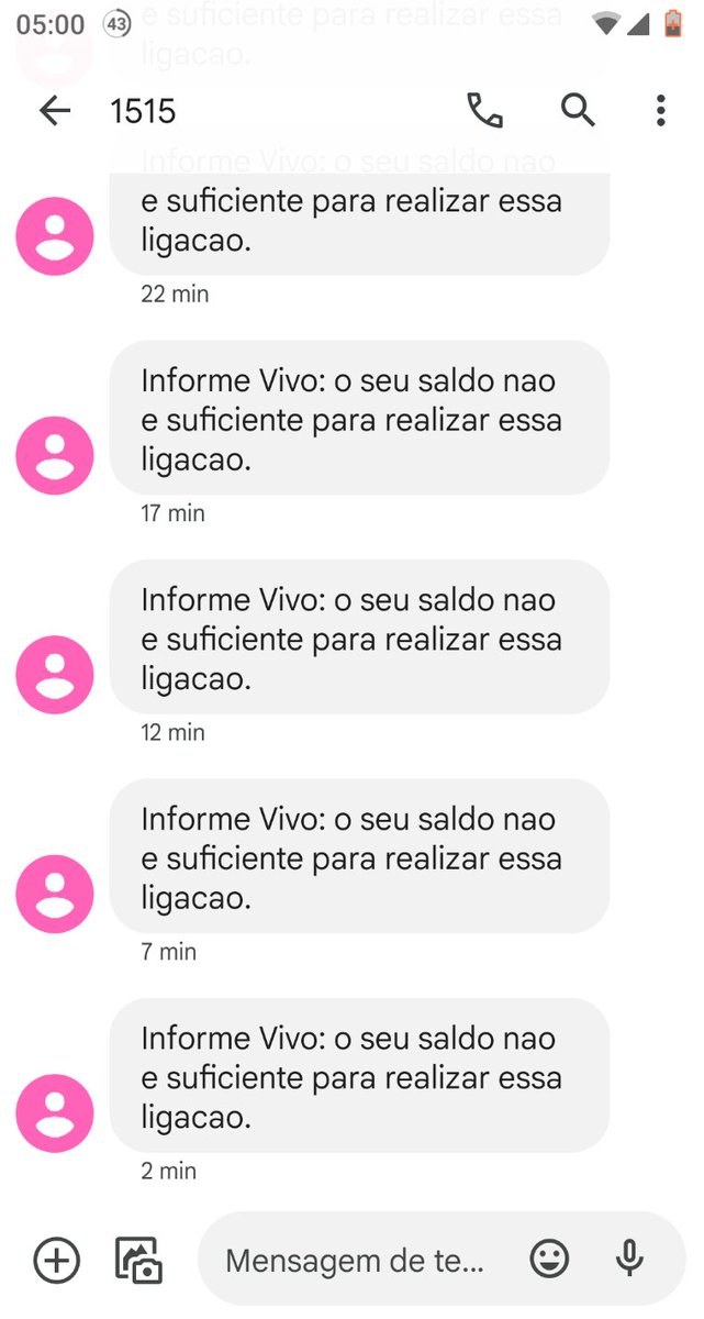 iamjustmarcos's tweet photo. @vivobr Bom dia, utilizo a operadora de telefonia celular Vivo, e estou com um problema, estou recebendo mensagens via sms da Vivo (Informe vivo: O seu saldo não e suficiente para realizar essa ligação) só que não realizei nenhuma chamada estou sem crédito, segue o print. https://t.co/per8lykPUu