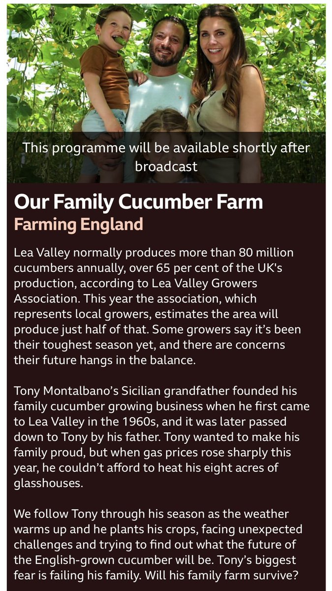 Set your TV to record or watch on BBC IPlayer, Friday 21st October 7:30pm BBC One- Watch Lea Valley Cucumber Grower Tony as he faces his toughest season yet bbc.co.uk/programmes/m00… #Energycrisis #Labourcrisis #Backbritishfarming #Horticulture #Food #Cucumber @ranil @DefraGovUK