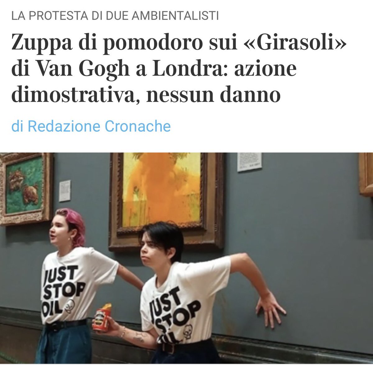 Fermo restando che non si fa (il quadro era protetto da un vetro), non ho mai letto così tanti insulti da politica e gente comune per chi inquina, avvelena il mare, le città, l’aria, il pianeta. In compenso sono 48 ore che insultate due giovani attiviste come fossero assassine.