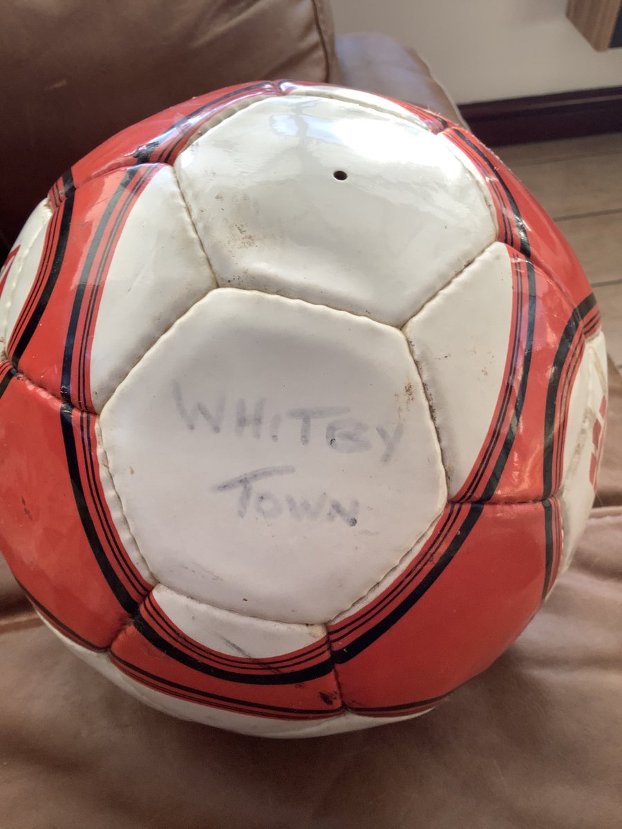 HalifaxTownSC's tweet photo. Open to offers: We’ve got the actual match ball from our famous visit to Whitby Town. It was kicked into the crowd by the wonderful James Dean at the end of the game. Two bounces later, it ended up in someone’s cupboard. It’s the real deal #evostick #Shaymen https://t.co/3FpkQfjv9Q