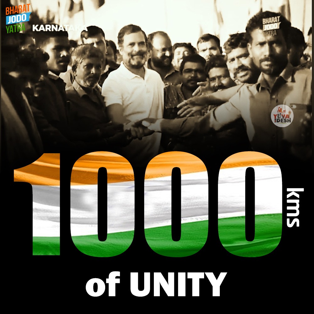 IYC's tweet photo. 1000kms of Unity 🇮🇳✊

#BharatJodoInBallari 
#BharatJodoYatra https://t.co/BvNJza5Yt6
