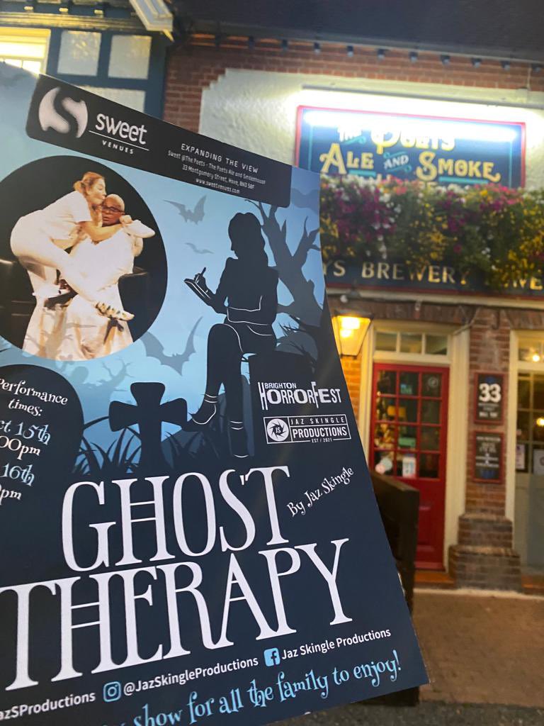 JazSProductions's tweet photo. The Ghost Therapy team busy last night spreading our ghoulish posters around Brighton for Horror Fest! 🎃👻

Buy your tickets now for today’s and tomorrow’s performance here:
https://t.co/iw4BadTIoO

#ghosttherapy #brighton #horrorfest #Halloween https://t.co/v58EDH9EzS