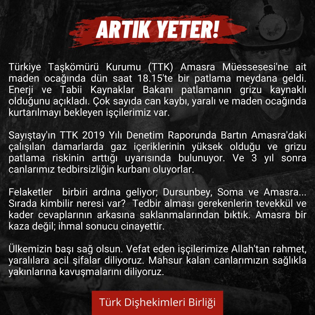 ARTIK YETER! tdb.org.tr #Bartın #Amasra #MadenOcağı #MAdenOcağıPatlama #türkdişhekimleribirliği #turkdishekimleribirligi #diş #sağlık #dişhekimi #tdbhaber #tdbd #dişhekimliği #tdböğrencikolu #fdi #BilimselDişhekimliği