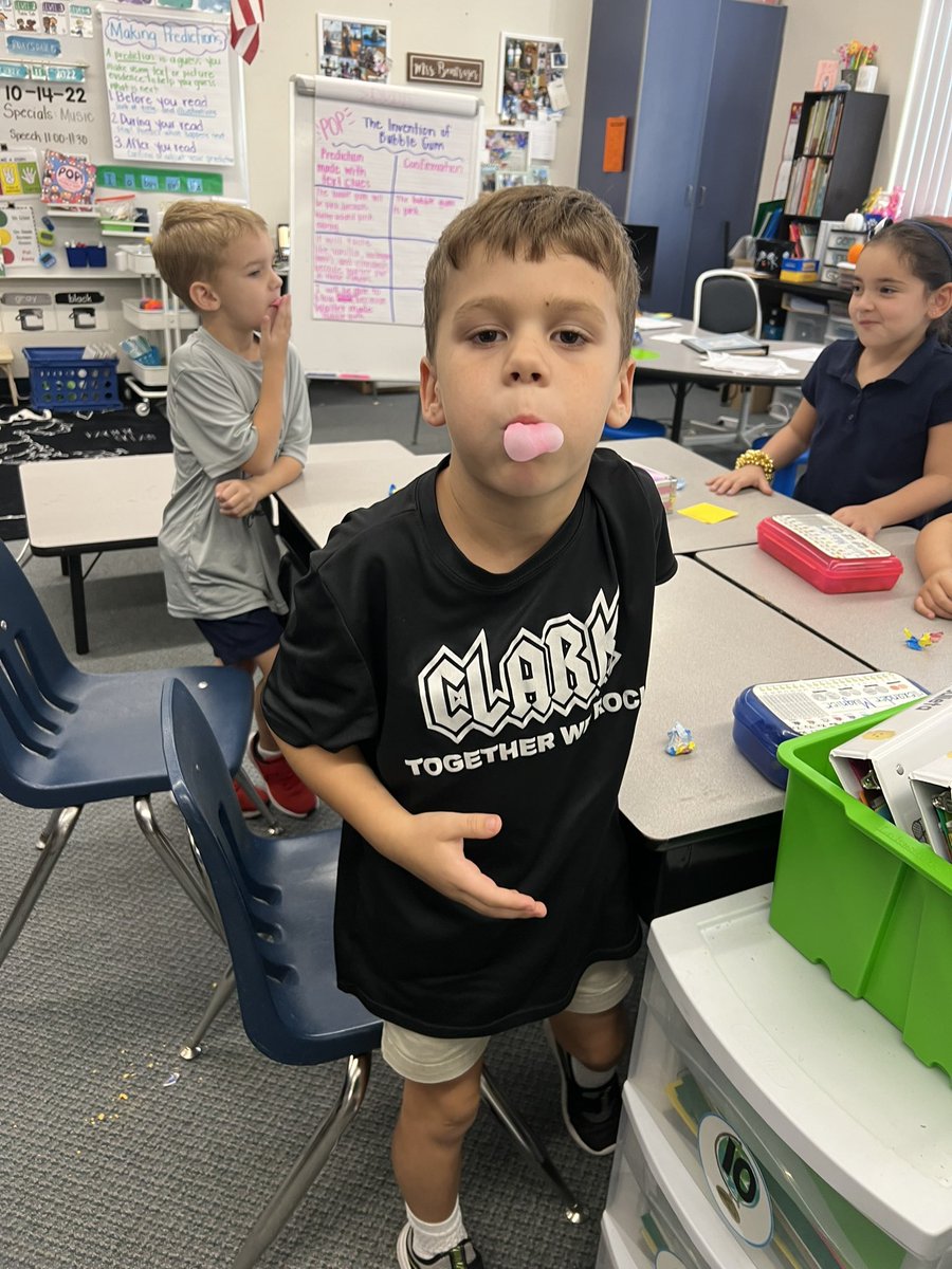My annual post of my favorite lesson! This year we made predictions about the text “Pop!” before &amp; during reading! Then, we made predictions as we tried a piece of Dubble Bubble! #STEMinELA #ClarkCougarSTEM