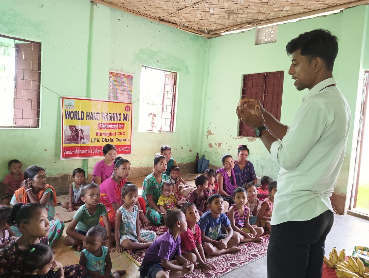 Observation of 'World Hand Washing Day' at Mainama N.J.Colony AWC under Manughat Community Health Centre, Longtaraivalley, Dhalai Tripura on 15.10.2022.@PMOIndia @tripura_cmo @nhm_tripura @cstripura @HfwTripura @MoHFW_INDIA @SiddharthShiv @NITIAayog @UNICEFIndia @WHO @JSIhealth