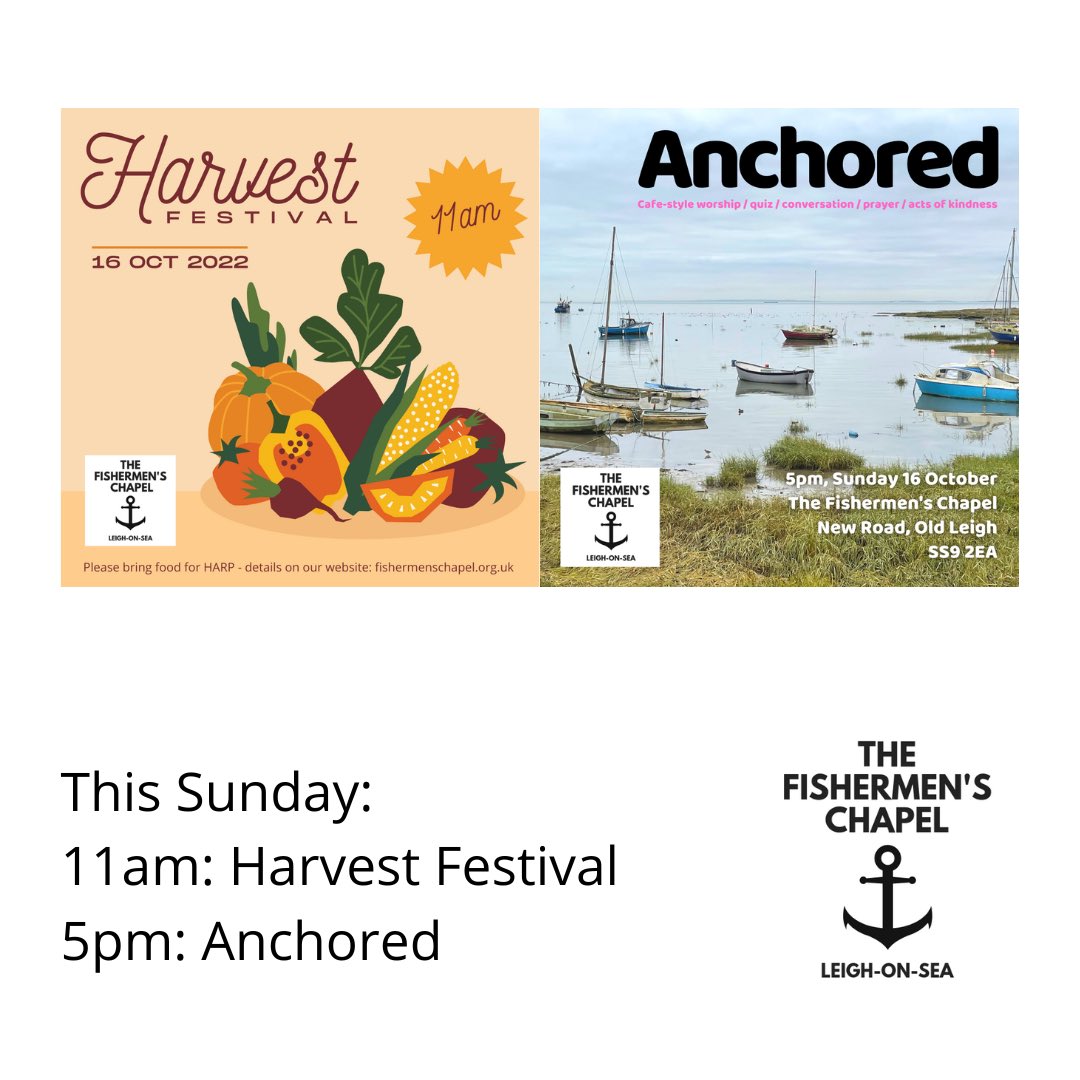 This Sunday:
Morning: Harvest Festival parade service at 11am (see here for things to bring: fishermenschapel.org.uk/harvest-festiv…)
Afternoon: ‘Anchored’, our informal cafe-style service, returns at 5pm