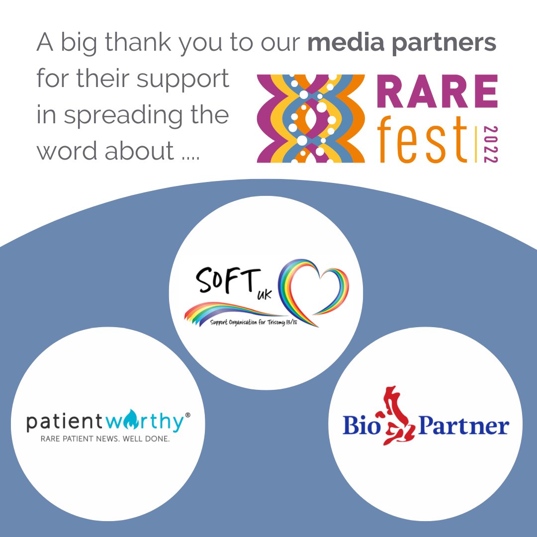 Thank you so much to our #RAREfest22 media partners @soft_uk @PatientWorthy & @BioPartner for helping to spread the word about our inclusive event in Cambridge on 25 & 26 Nov, our work & theirs! Book your FREE tickets: bit.ly/3uFhKWu #StrongerTogether #RareDisease