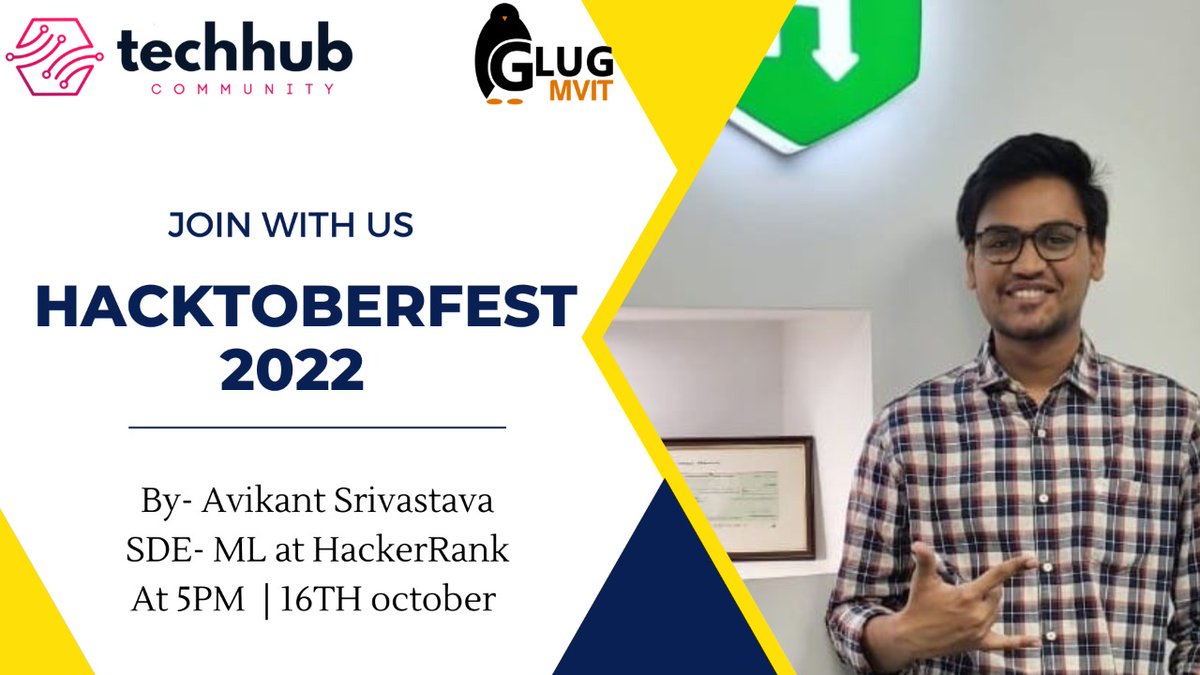 _techhub's tweet photo. We @_techhub along with @glugmvit are celebrating the festival of open-source, Hacktoberfest
Join us at 5pm on 16th October.
By- @Aesthetixell
Meet link:- https://t.co/MwxLMYDDSn
Register for the meet:-
https://t.co/qXOOkHpTS4
#Hacktoberfest2022
#OpenSource
#GitHub
#codeshack https://t.co/JlqESEFDOl