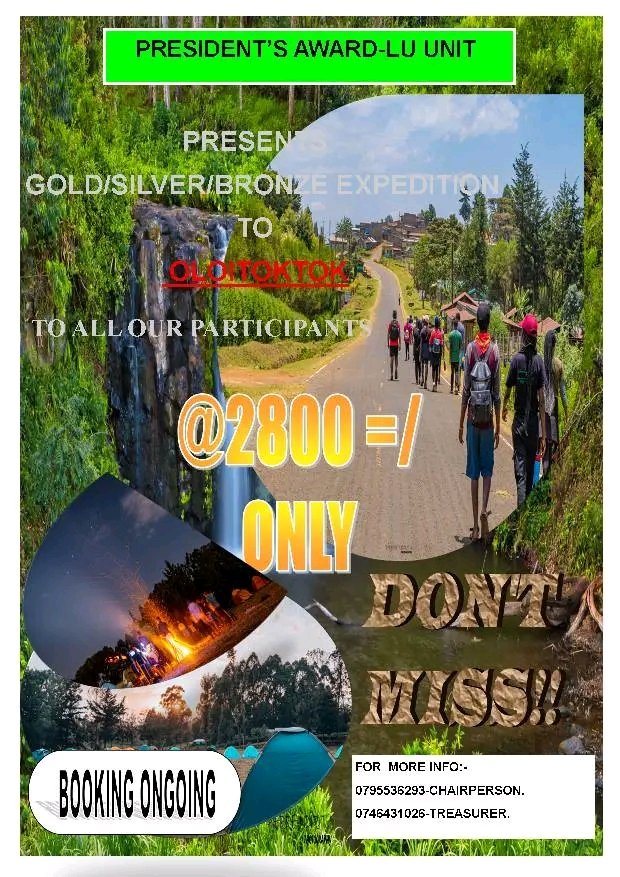 lu_award's tweet photo. To all our Participants. We shall be having our Adventurous journey to oloitoktok. For Bronze, silver and gold level participants. Don't miss.
# Twende Oloitoktok
# Have fun. https://t.co/2B5N0rjHCf