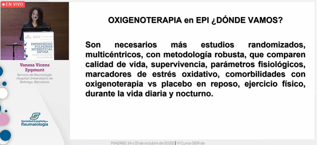 SEReumatologia's tweet photo. #EPID22 La Dra. Vicens afirma que la #oxigenoterapia en reposo se basa en estudios de los años 80 en EPOC. No hay claros datos de mejoría de la disnea y fatiga muscular, parece que mejora la capacidad de esfuerzo
🧐Se desconoce el efecto del O2 suplementario a corto/largo plazo https://t.co/90kCtb2ui2