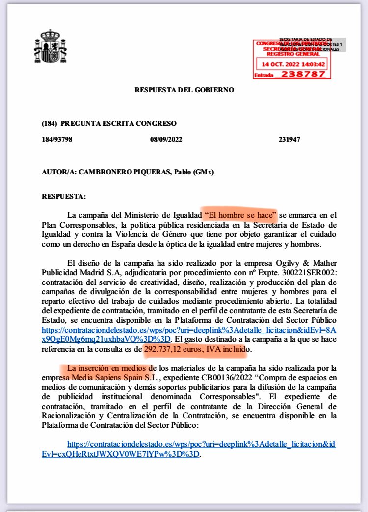 PabloCamPiq's tweet photo. 🔴 ¿Se acuerdan de “los hombres blandengues” de @IreneMontero?

Preguntamos costes y nos ha llegado la respuesta:

-Diseño de campaña: 293.000€ (mirando la empresa)

-Inserción en medios de comunicación: 1.769.000€.

Más de 2 millones de € gasta el Gobierno en esta estupidez. https://t.co/KHwBbejERU