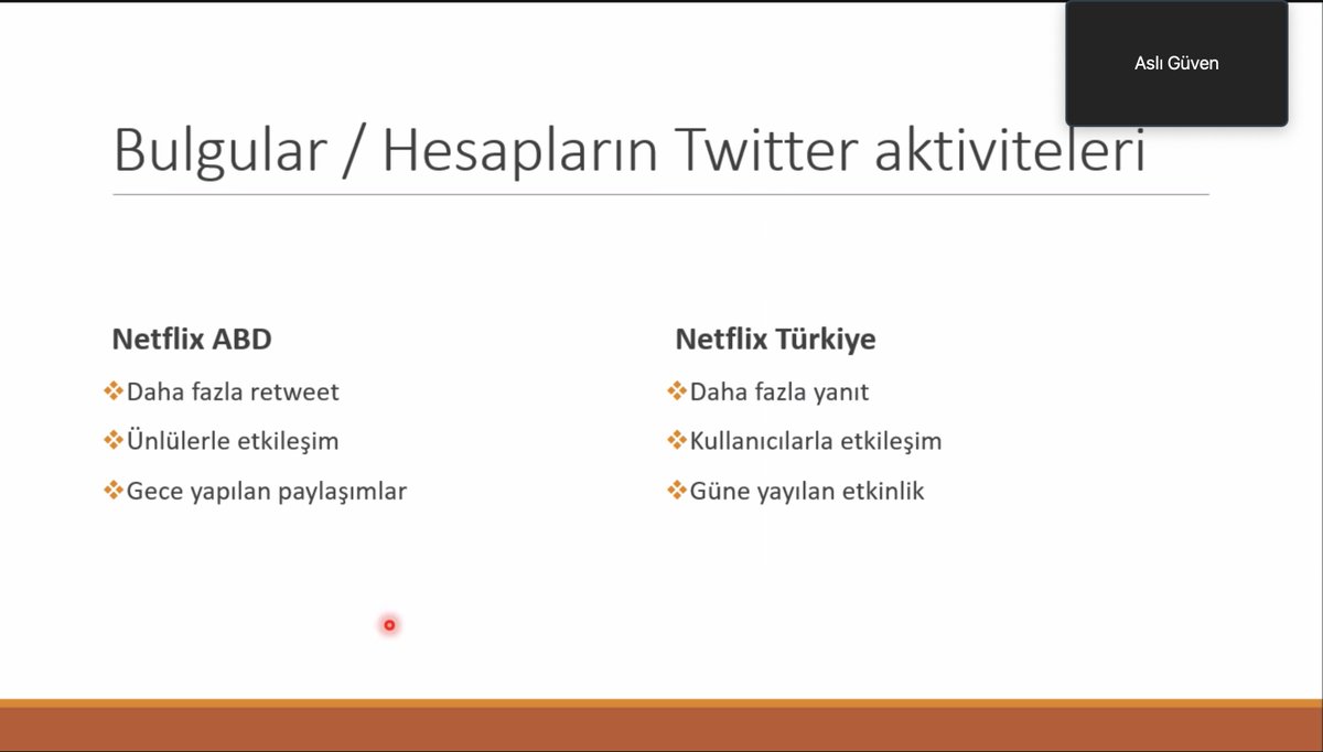 Çalıştayımızın eş anlı diğer oturumunda Aslı Güven'in sunumuyla, Netflix Twitter hesaplarının paylaşımlarından yola çıkarak ABD ve Türkiye stratejilerini tartışıyoruz. "Netflix Türkiye, özellikle kullanıcılarına ve potansiyel müşterilerine odaklanıyor."  #nitelcalistay2022