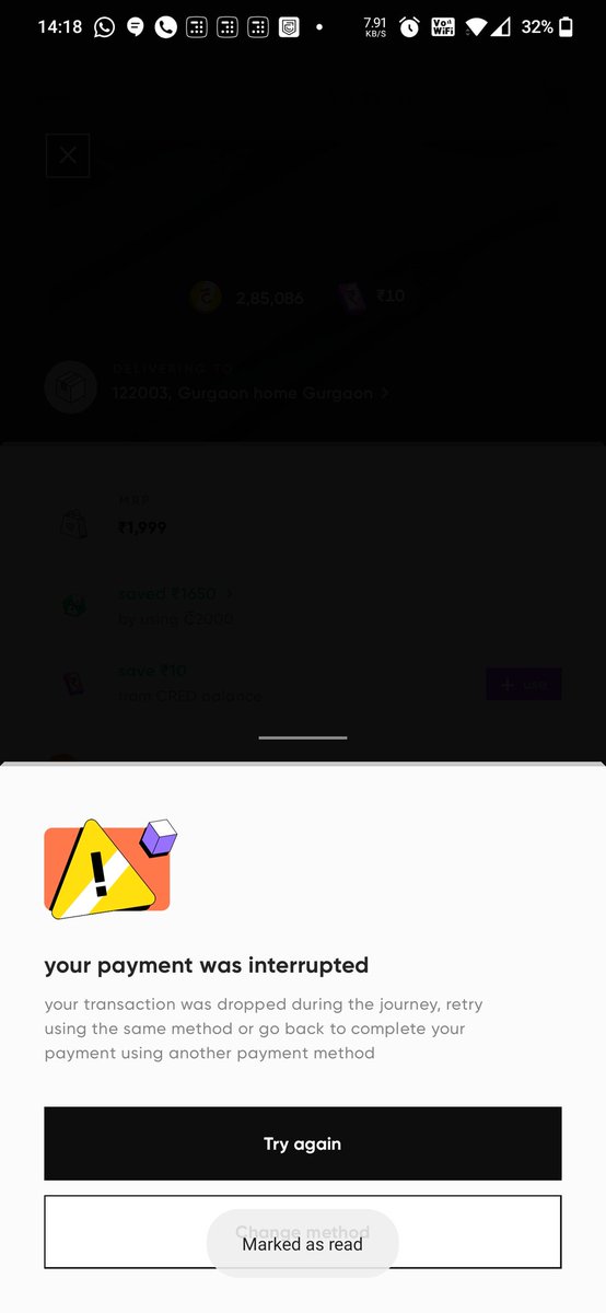 RanjanAbhinit's tweet photo. What's the point of giving discount when even after the payment is successful, I get this message. Not once but 4 times. @CRED_club @CRED_support https://t.co/oaEdGIWthY