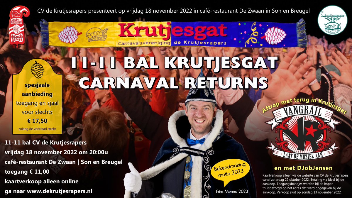 CV de Krutjesrapers trapt carnaval groots af op vrijdag 18 november 2022 met Vangrail in De Zwaan. Tickets online via dekrutjesrapers.nl vanaf 22 oktober a.s.