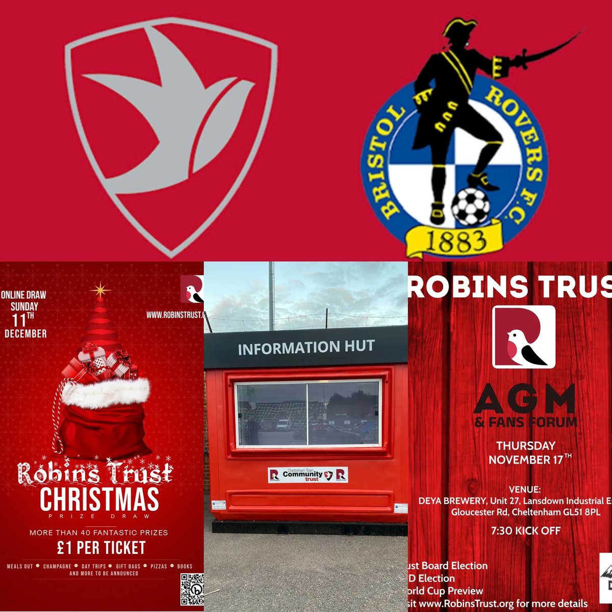 robinstrust's tweet photo. 3 reasons to visit our Information Hut today;
1. For info on the Christmas Prize Draw
2. To ask about the upcoming AGM
3. To say ‘Hello’ and see how we can help!
#RobinsTrust #CTFC #BRFC #CheltenhamTown #BristolRovers #TheRobins #TheGas #YourClubYourSay #FanOwnedClubs https://t.co/NkyHoDm11C