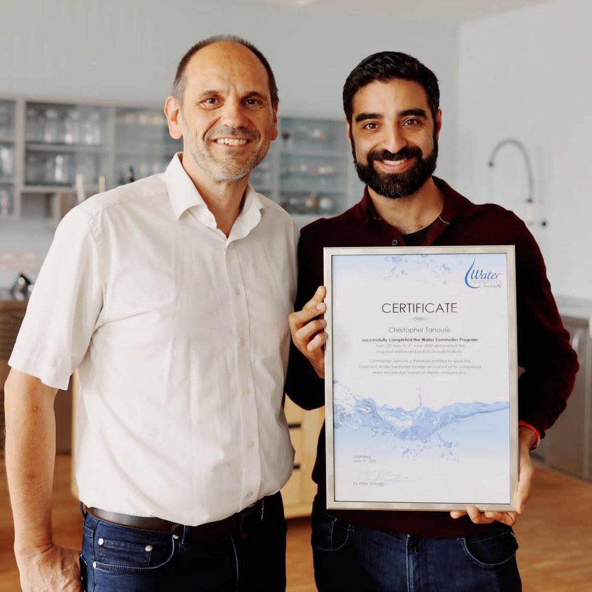AquaAmore's tweet photo. It's official! 🚨 Both of our Founders, Michael &amp; Christopher Tanousis, have been working hard behind the scenes to officially become the UK's first certified Water Sommeliers, having gained their qualifications at Doemens Academy! 🎉

#AquaAmore https://t.co/yEWoJHrUKk