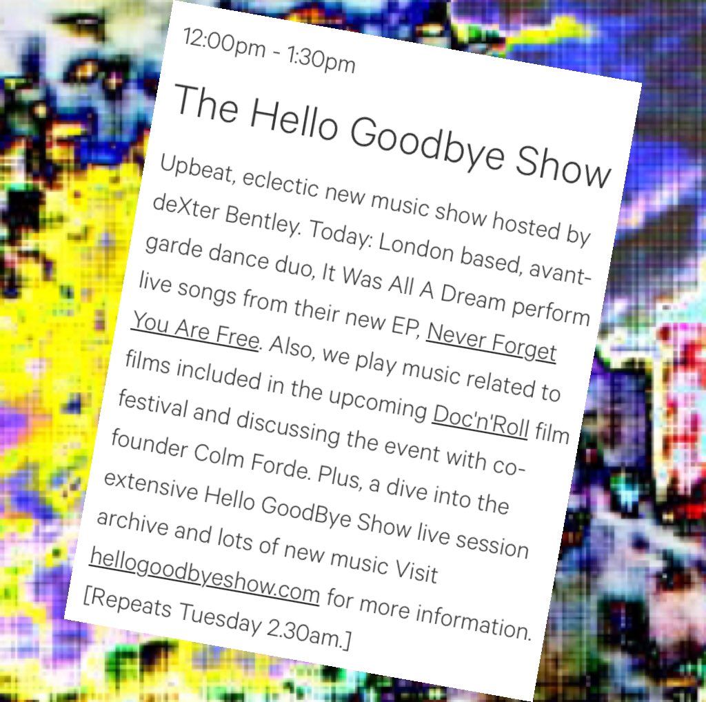 deXterBentley's tweet photo. Starting #hellogoodbyeshow #resonancefm midday today w. #EXCLUSIVE airing by #lizikamba Plus; Colm Forde from #docnrollfest + #livemusic ft. #iteasalladream https://t.co/vJ3wwUaqF7 @ResonanceFM @docnrollfest https://t.co/D8U9Vkh3Jx