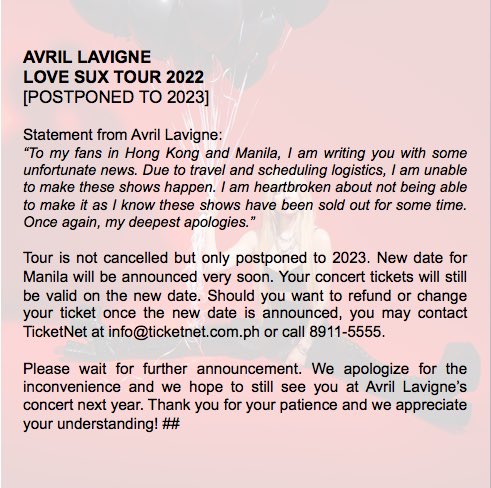 WilbrosLive's tweet photo. 𝐀𝐕𝐑𝐈𝐋 𝐋𝐀𝐕𝐈𝐆𝐍𝐄
LOVE SUX TOUR 2022
[POSTPONED TO 2023]

Tour is not cancelled but only postponed to 2023. New date for Manila will be announced very soon.

Please wait for further announcement. Thank you for your patience and understanding! https://t.co/FJfvbgsFCn