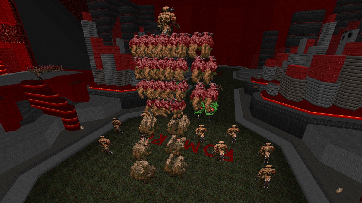 Peccatum666's tweet photo. This is one of the many reasons why MAP15 of Poogers by El Inferno is my favorite classic Doom II map of the year.
Just look at the 8 story tall Baron made out of other Hell nobles and a Cyberdemon, apparently representing @romero !
#Doom #Cyberdemon #BaronOfHell #Poogers https://t.co/eYEkjqGuW6