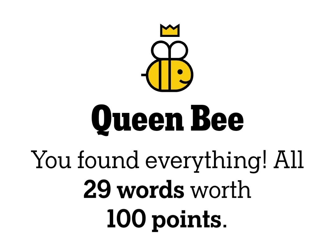 Saturday's #NYTSpellingBee- A much more pleasurable Bee than yesterday's slog. #nytsb #hivemind #spellingbee